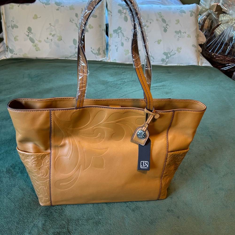 Jim Shore Tan Leather Embossed Tote Bag NWT